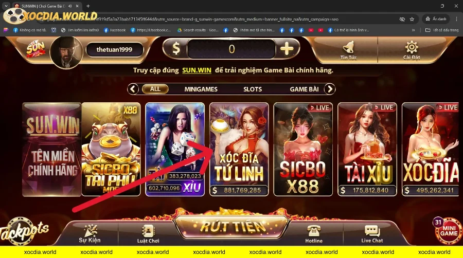 Ở trang chủ cổng game chọn vào Xóc Đĩa Tứ Linh với hình ảnh nữ nhân vật nổi bật.