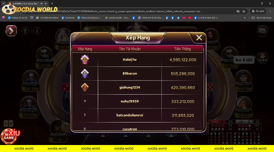 Bảng xếp hạng người chơi thắng tiền trong game cá cược Sunwin Xóc Đĩa Tứ Linh.
