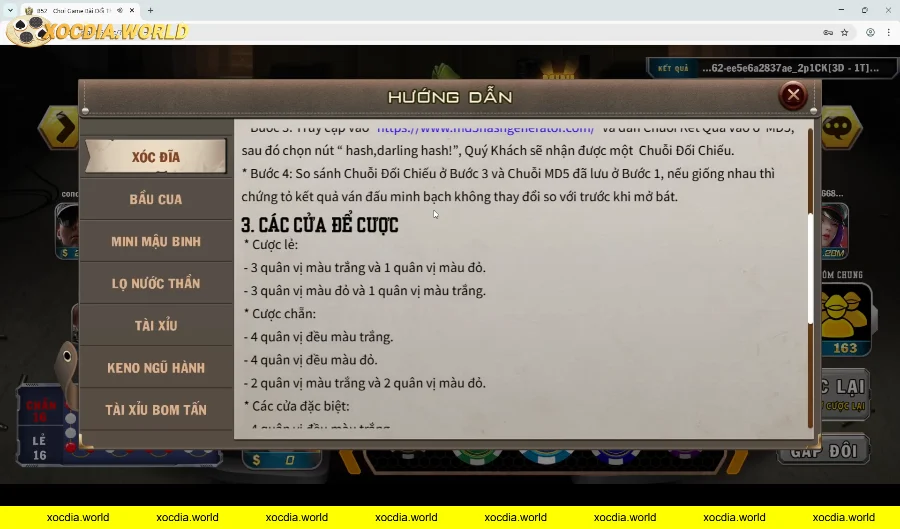 Các cửa cược trong game xóc đĩa MD5 B52