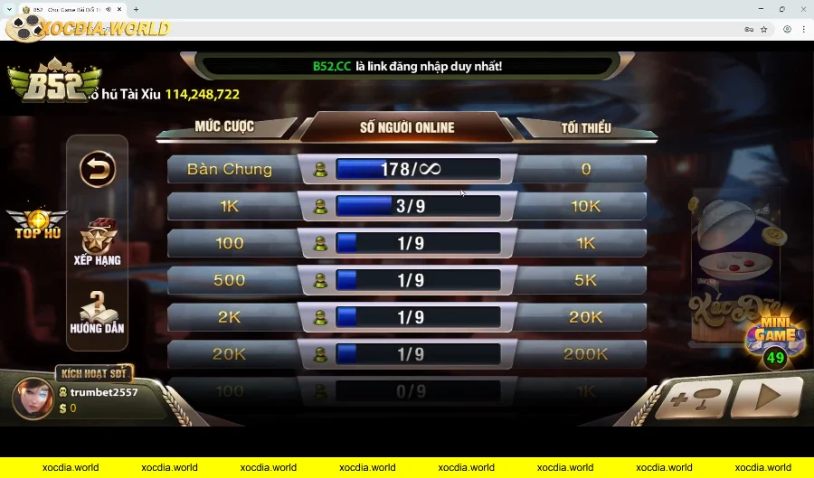 Giao diện chọn mức cược và người chơi game bài online