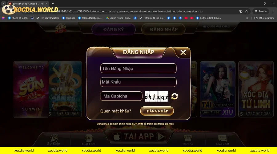 Giao diện đăng nhập tài khoản vào game bài Sunwin.