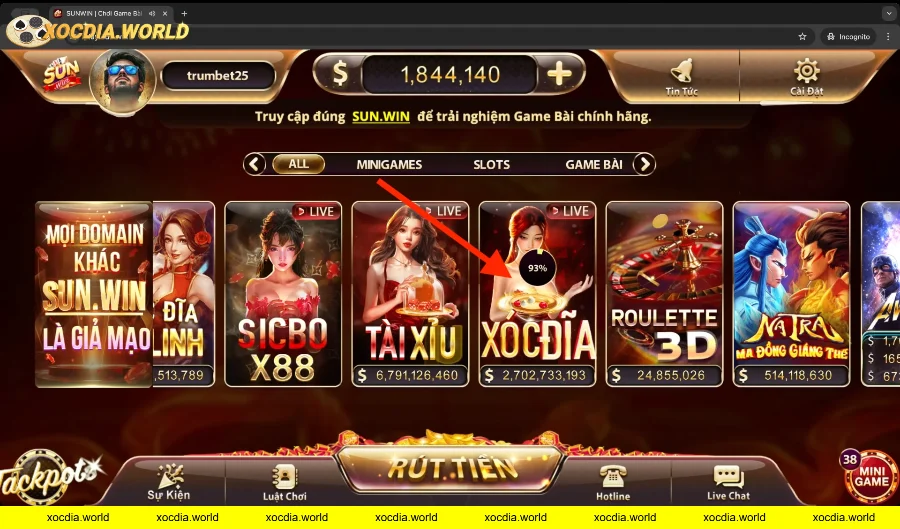 Giao diện game casino trực tuyến với biểu tượng xóc đĩa