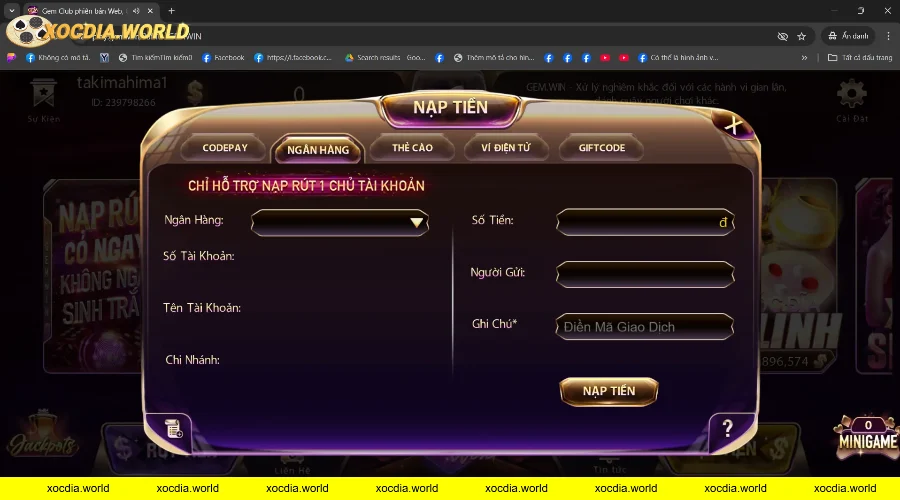 Giao diện nạp tiền qua ngân hàng trong game xóc đĩa.