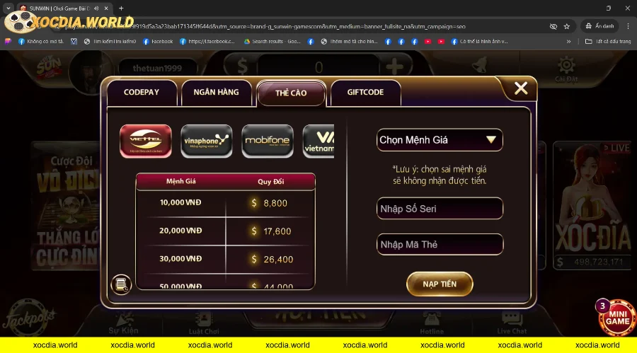Giao diện nạp tiền vô cùng đa dạng với nhiều sự lựa chọn như code pay, ngân hàng, thẻ cào, gift code tại cổng game Sunwin.