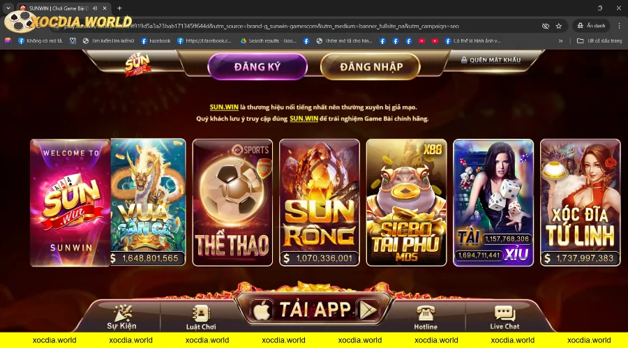 Giao diện trang chủ cổng game huyền thoại sunwin với hai sự lựa chọn kà đăng ký và đăng nhập.