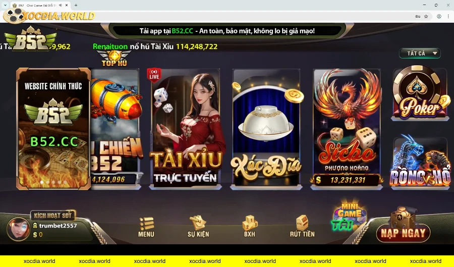 Lựa chọn game xóc đĩa MD5 tại giao diện chính